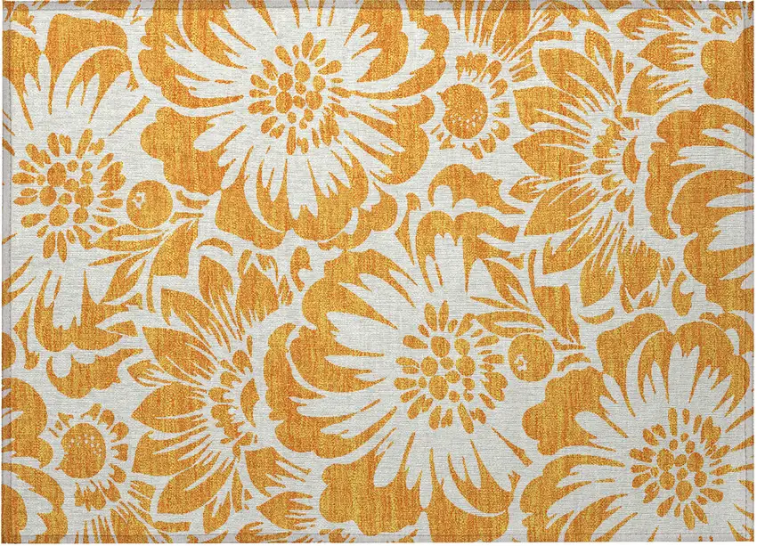 Orange and White Floral Washable Non Skid Indoor Outdoor Area Rug Photo 5