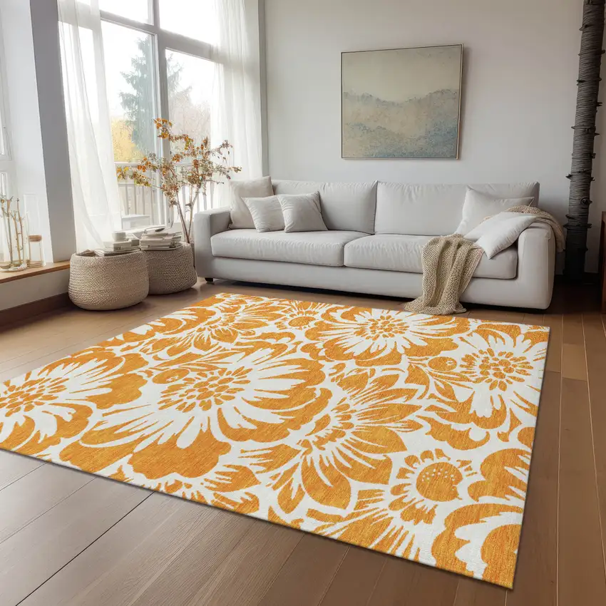 Orange and White Floral Washable Non Skid Indoor Outdoor Area Rug Photo 9