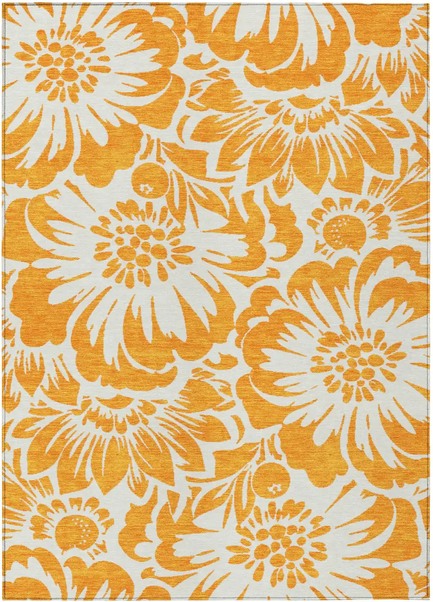 Orange and White Floral Washable Non Skid Indoor Outdoor Area Rug Photo 2