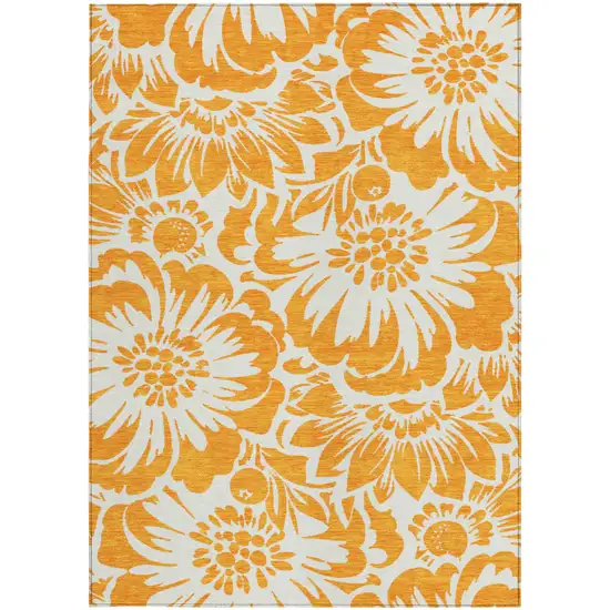 Orange and White Floral Washable Non Skid Indoor Outdoor Area Rug Photo 3