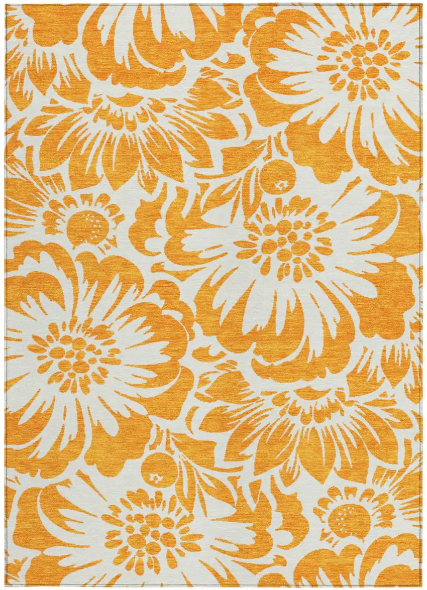 Orange and White Floral Washable Non Skid Indoor Outdoor Area Rug Photo 3
