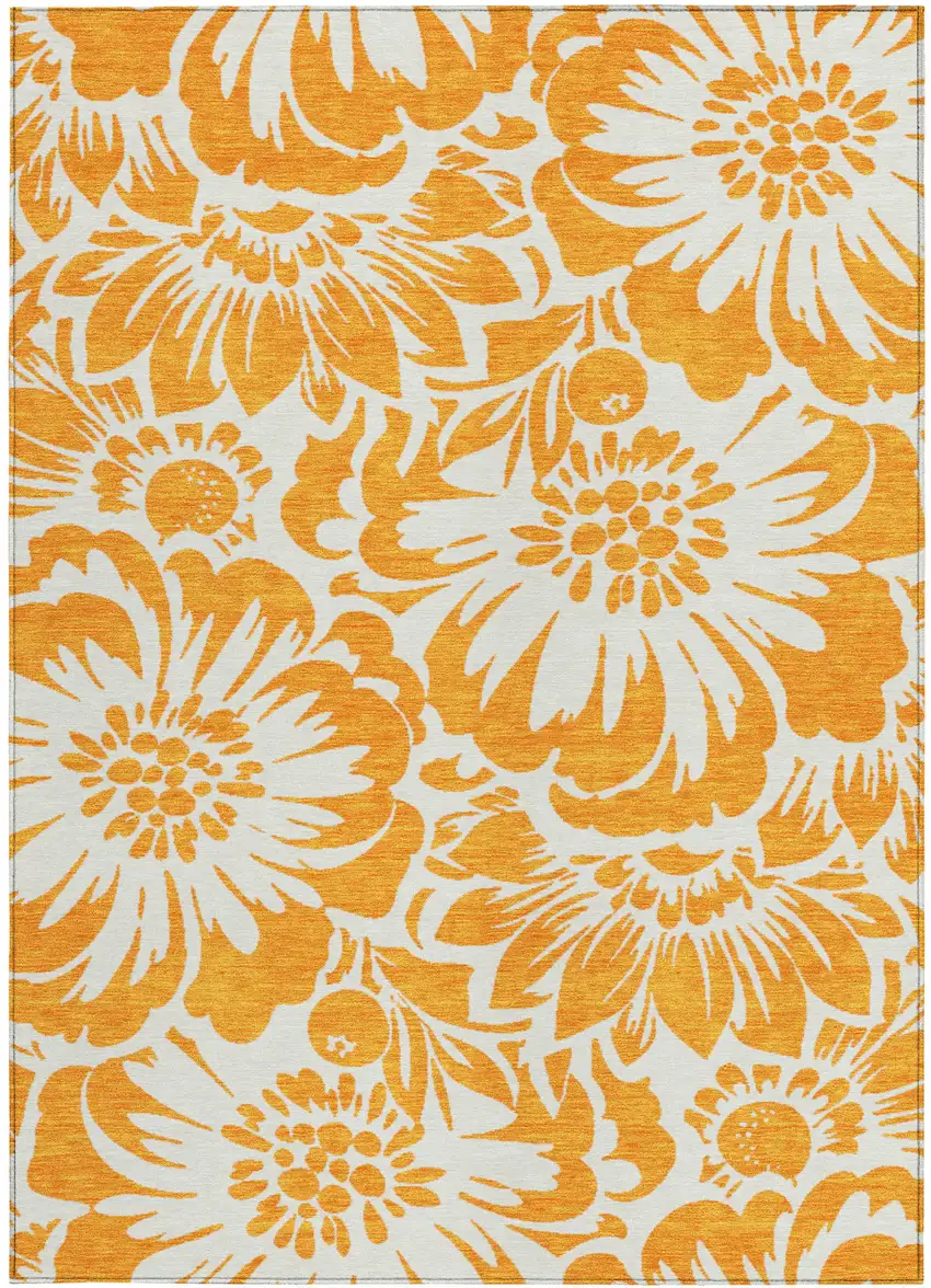 Orange and White Floral Washable Non Skid Indoor Outdoor Area Rug Photo 4