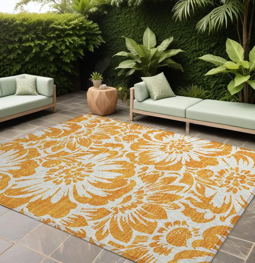 Orange and White Floral Washable Non Skid Indoor Outdoor Area Rug Photo 1