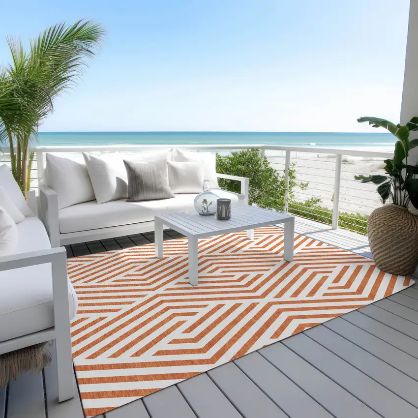 Orange and White Geometric Washable Non Skid Indoor Outdoor Area Rug Photo 7
