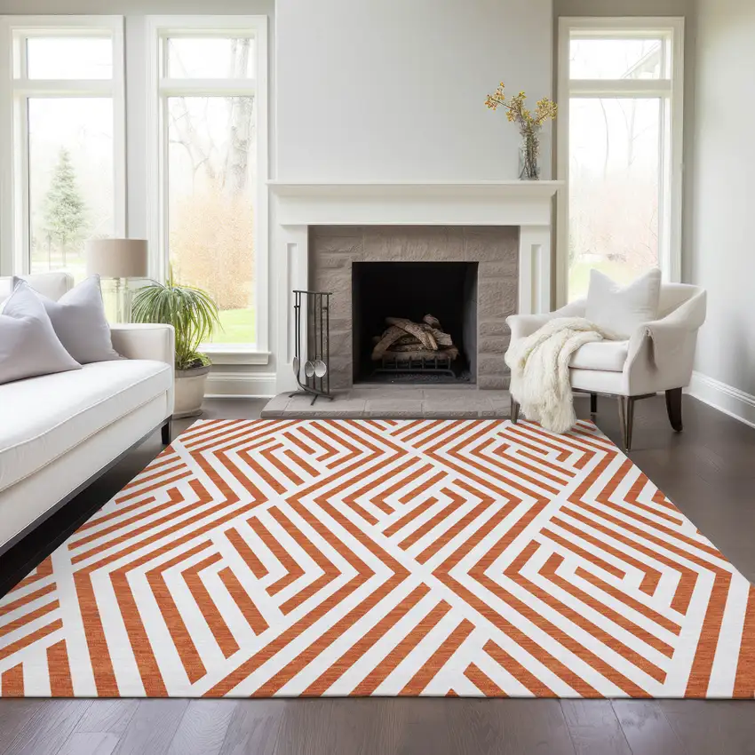 Orange and White Geometric Washable Non Skid Indoor Outdoor Area Rug Photo 9
