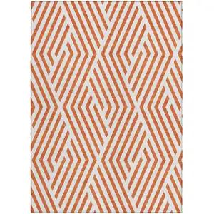 Photo of Orange and White Geometric Washable Non Skid Indoor Outdoor Area Rug