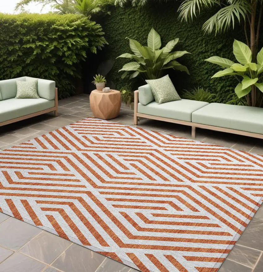 Orange and White Geometric Washable Non Skid Indoor Outdoor Area Rug Photo 1