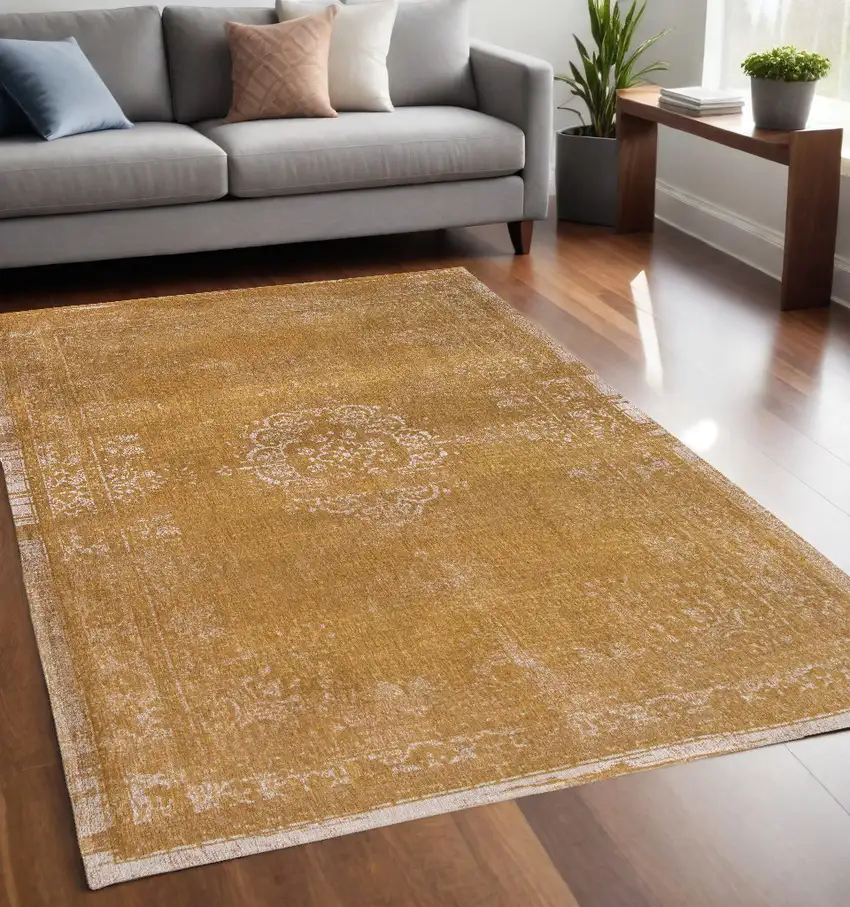 Orange and White Medallion Non Skid Area Rug Photo 1