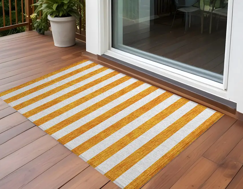 Orange and White Striped Washable Non Skid Indoor Outdoor Area Rug Photo 1