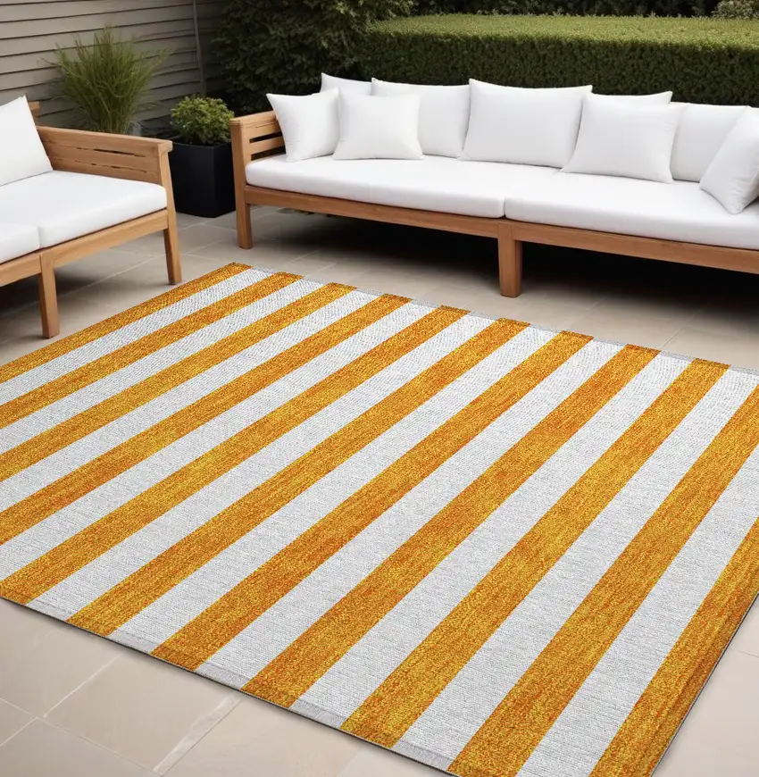 Orange and White Striped Washable Non Skid Indoor Outdoor Area Rug Photo 1