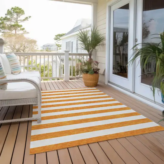 Orange and White Striped Washable Non Skid Indoor Outdoor Area Rug Photo 7