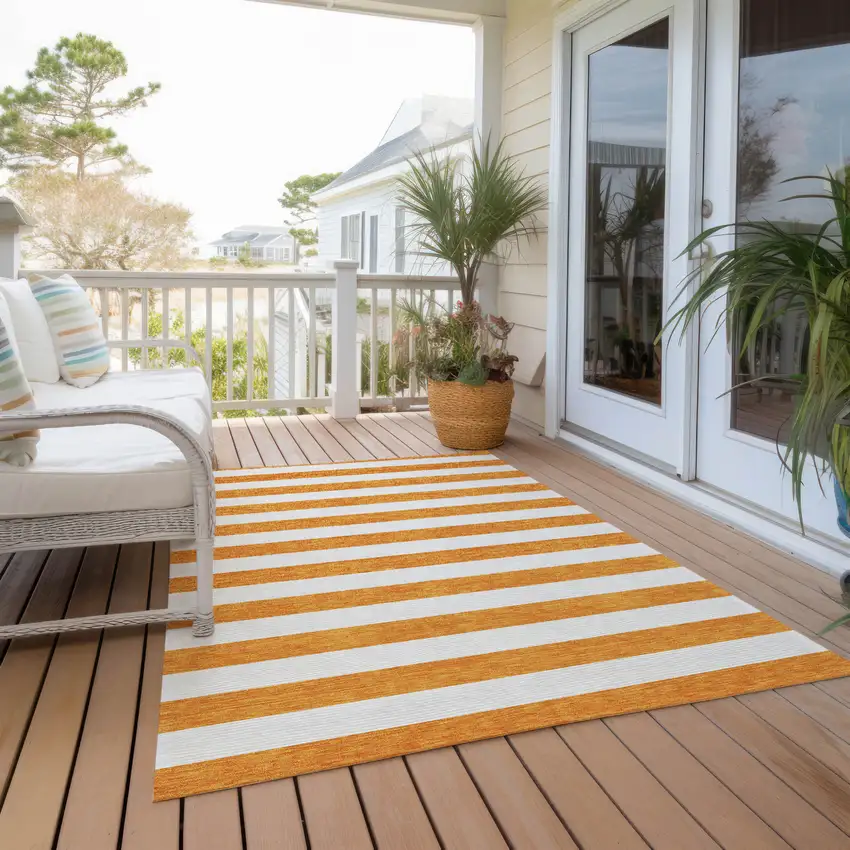 Orange and White Striped Washable Non Skid Indoor Outdoor Area Rug Photo 7