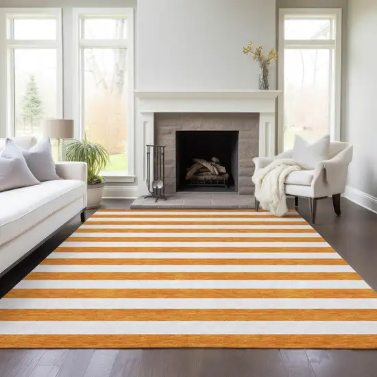 Orange and White Striped Washable Non Skid Indoor Outdoor Area Rug Photo 9