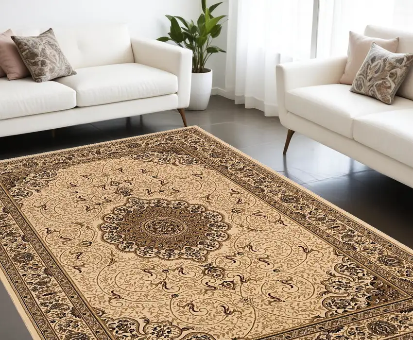 Beige and Black Oriental Power Loom Area Rug Photo 1