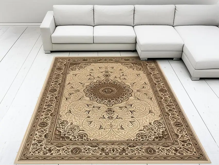Beige and Black Oriental Power Loom Area Rug Photo 1