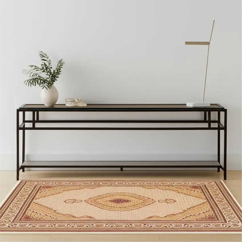 Beige and Ivory Oriental Power Loom Area Rug Photo 1