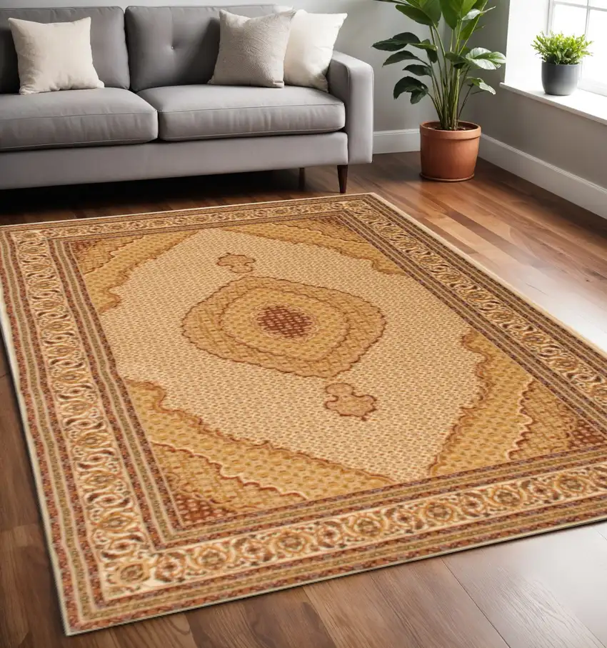 Beige and Ivory Oriental Power Loom Area Rug Photo 1