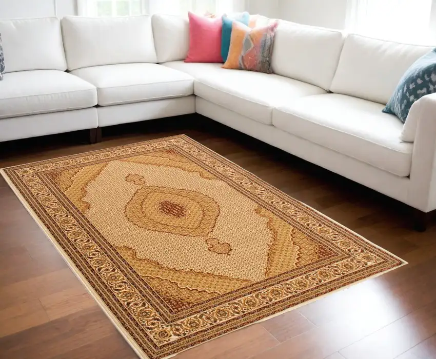 Cream Gold Oriental Power Loom Stain Resistant Area Rug Photo 1