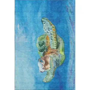 Photo of Pacific Blue Emerald And Beige Nautical Washable Area Rug With UV Protection