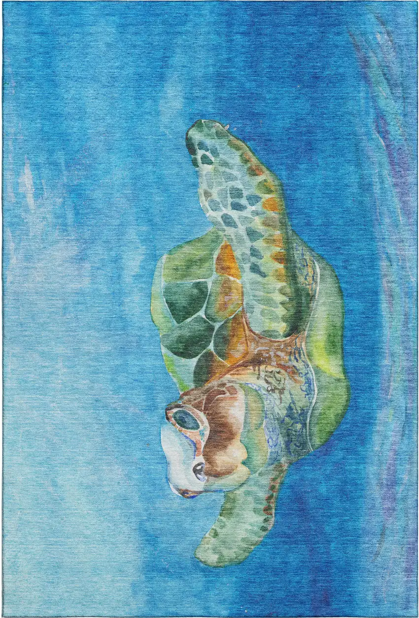 Pacific Blue Emerald And Beige Nautical Washable Area Rug With UV Protection Photo 2