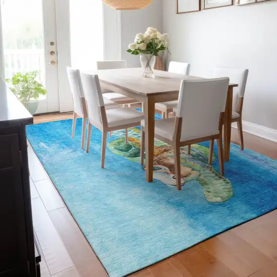 Pacific Blue Emerald And Beige Nautical Washable Area Rug With UV Protection Photo 7