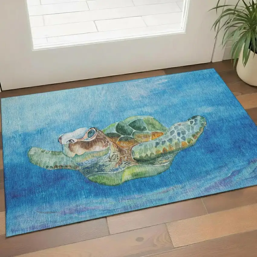 Pacific Blue Emerald And Beige Nautical Washable Area Rug With UV Protection Photo 1