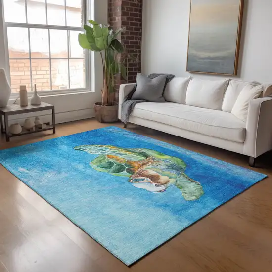 Pacific Blue Emerald And Beige Nautical Washable Area Rug With UV Protection Photo 6