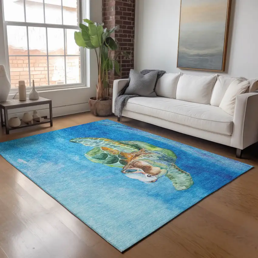 Pacific Blue Emerald And Beige Nautical Washable Area Rug With UV Protection Photo 6