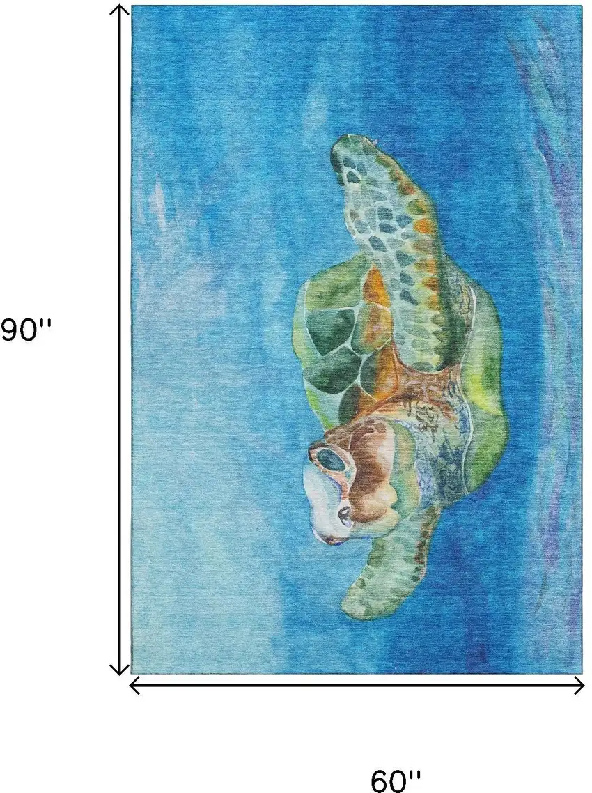 Pacific Blue Emerald And Beige Nautical Washable Area Rug With UV Protection Photo 3