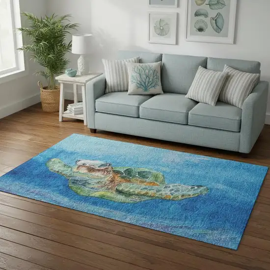 Pacific Blue Emerald And Beige Nautical Washable Area Rug With UV Protection Photo 1