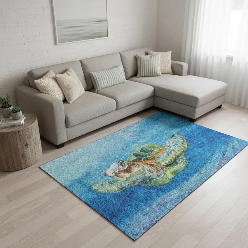 Pacific Blue Emerald And Beige Nautical Washable Area Rug With UV Protection Photo 1
