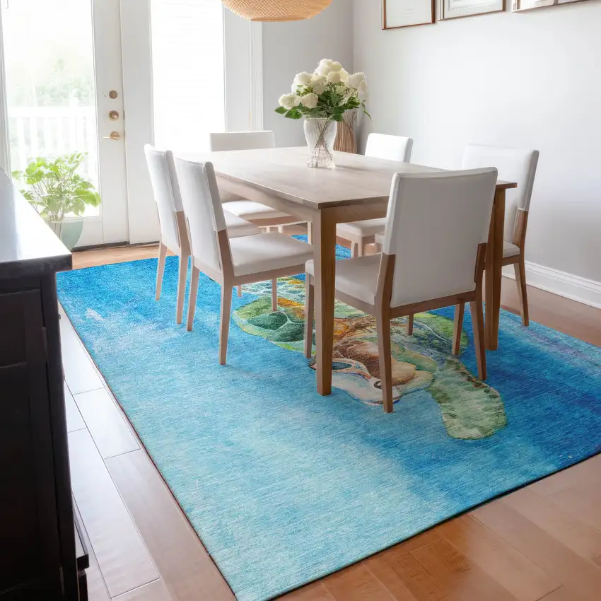 Pacific Blue Emerald And Beige Nautical Washable Area Rug With UV Protection Photo 7