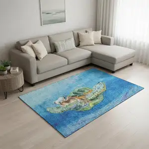 Photo of Pacific Blue Emerald And Beige Nautical Washable Area Rug With UV Protection