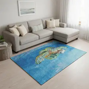 Photo of Pacific Blue Emerald And Beige Nautical Washable Area Rug With UV Protection