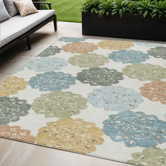 Pacific Blue Ivory And Copper Quatrefoil Washable Indoor Outdoor Area Rug Photo 1