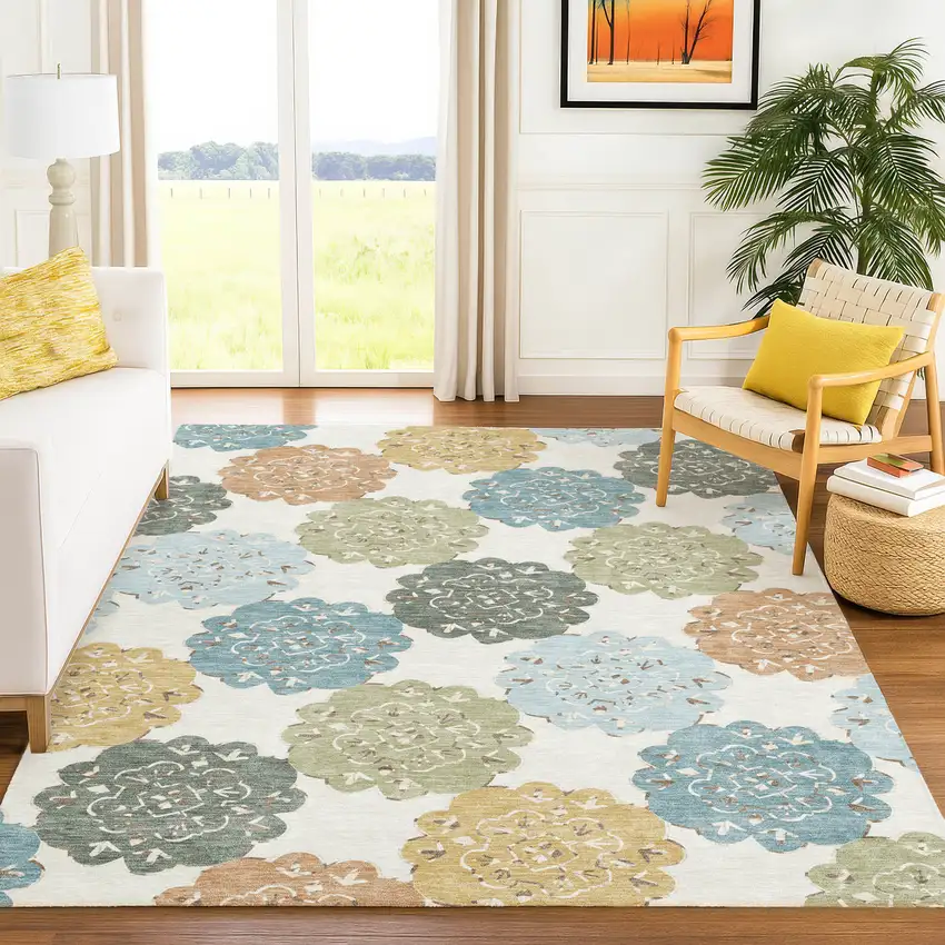 Pacific Blue Ivory And Copper Quatrefoil Washable Indoor Outdoor Area Rug Photo 9