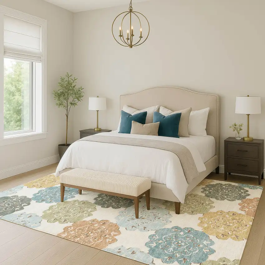 Pacific Blue Ivory And Copper Quatrefoil Washable Indoor Outdoor Area Rug Photo 9