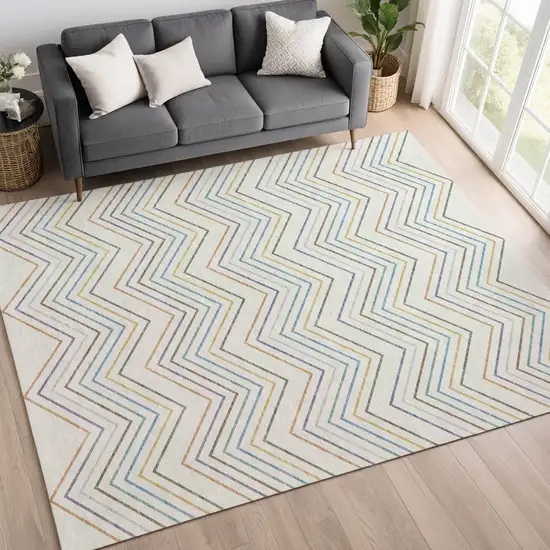 Pacific Blue Ivory And Copper Striped Washable Indoor Outdoor Area Rug Photo 4