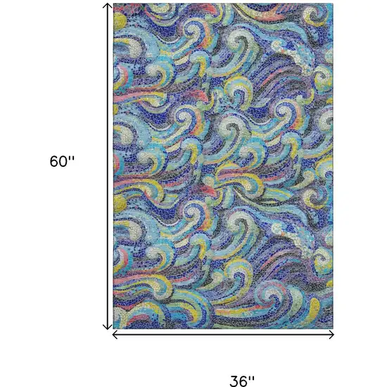 Pacific Blue Ivory And Yellow Geometric Washable Area Rug With UV Protection Photo 3