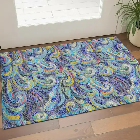 Pacific Blue Ivory And Yellow Geometric Washable Area Rug With UV Protection Photo 1