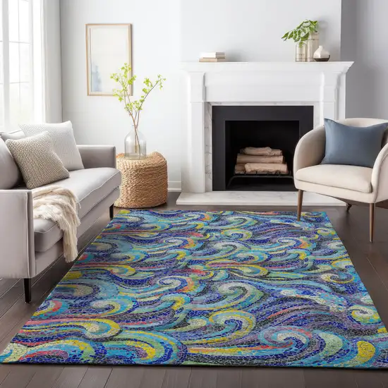 Pacific Blue Ivory And Yellow Geometric Washable Area Rug With UV Protection Photo 5