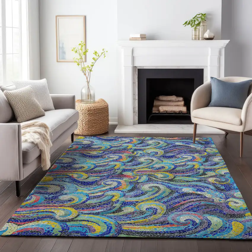 Pacific Blue Ivory And Yellow Geometric Washable Area Rug With UV Protection Photo 5