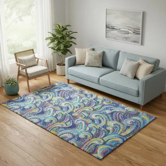 Pacific Blue Ivory And Yellow Geometric Washable Area Rug With UV Protection Photo 1