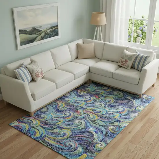 Pacific Blue Ivory And Yellow Geometric Washable Area Rug With UV Protection Photo 1