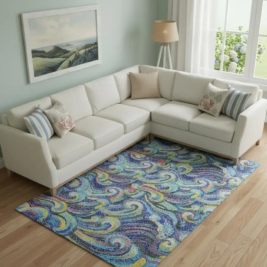 Pacific Blue Ivory And Yellow Geometric Washable Area Rug With UV Protection Photo 1