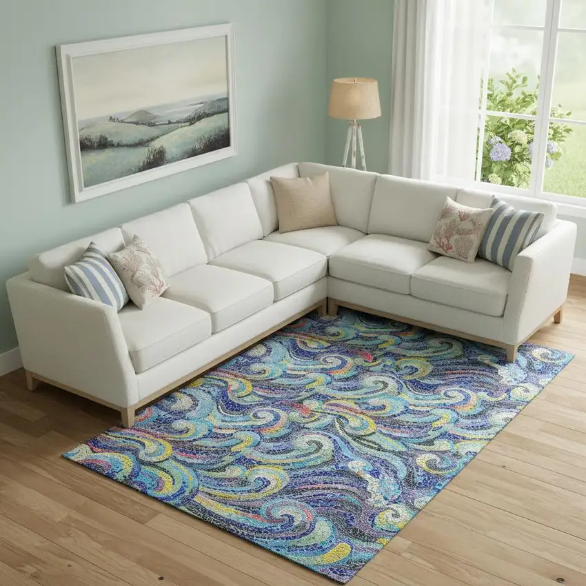 Pacific Blue Ivory And Yellow Geometric Washable Area Rug With UV Protection Photo 1