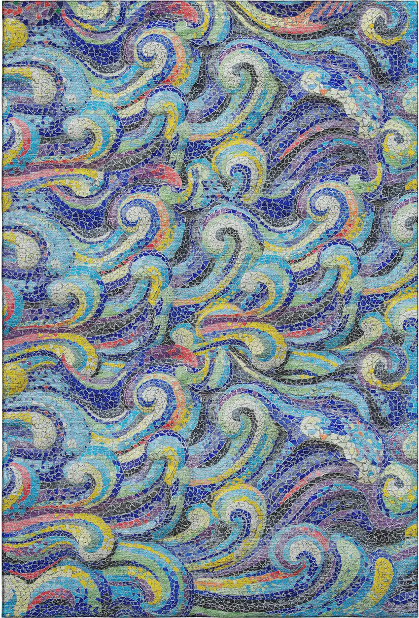 Pacific Blue Ivory And Yellow Geometric Washable Area Rug With UV Protection Photo 7