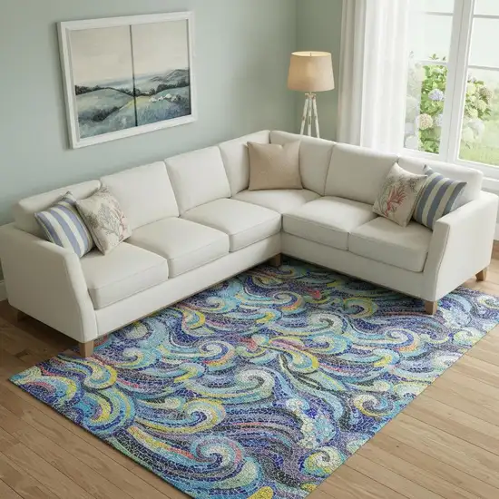 Pacific Blue Ivory And Yellow Geometric Washable Area Rug With UV Protection Photo 1