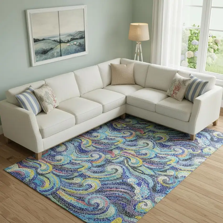 Pacific Blue Ivory And Yellow Geometric Washable Area Rug With UV Protection Photo 1