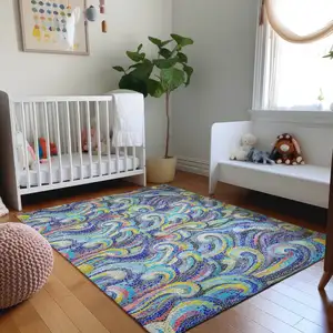 Photo of Pacific Blue Ivory And Yellow Geometric Washable Area Rug With UV Protection